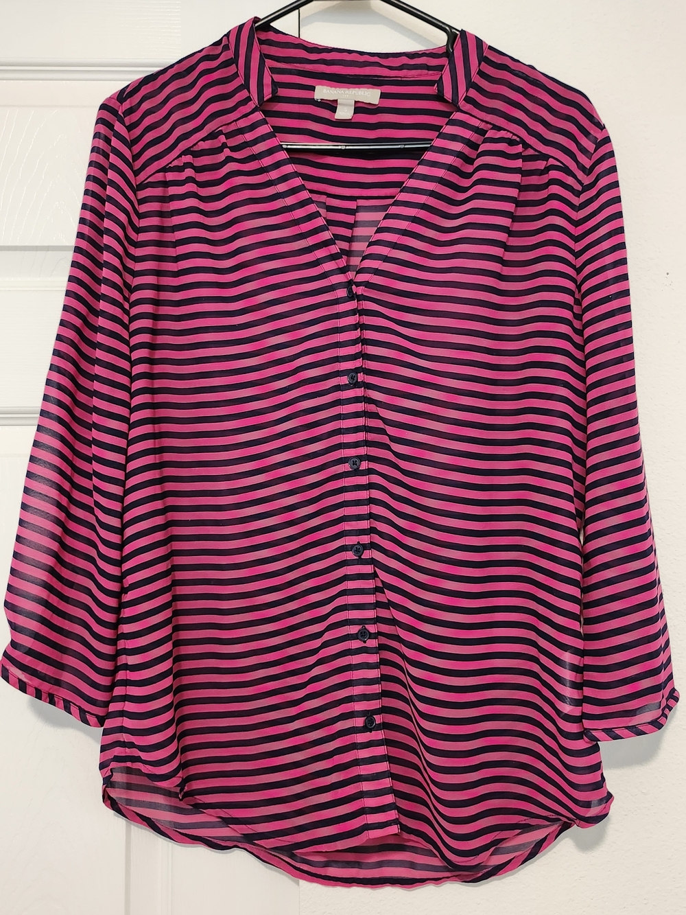 Banana Republic Pink Navy Blue Striped Sheer Chiffon V Neck Blouse Top Size S